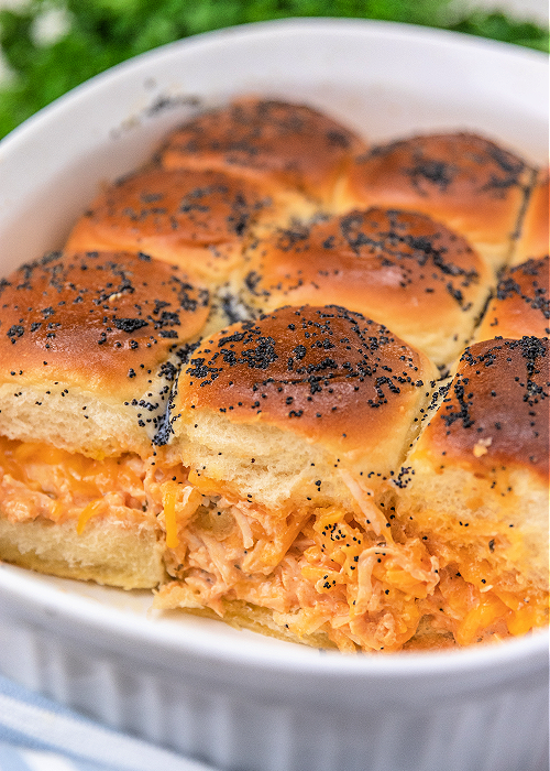 buffalo sliders in a baking dish