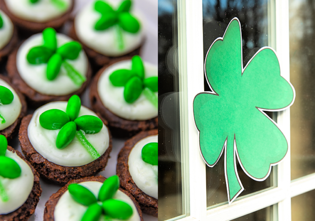 shamrock brownie bites and shamrock printable on the window