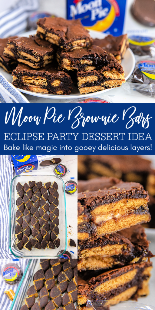 Moon Pie Brownie Bars are the PERFECT dessert for your Eclipse Party! An easy-to-make double layer dessert for a crowd! moon pie brownie bar eclipse party dessert pinterest image