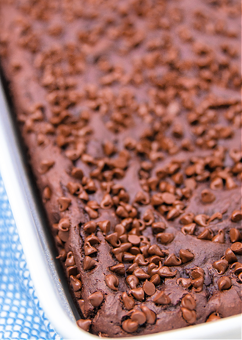 quadruple chocolate lazy cake baked in a white baking dish