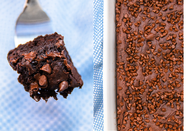 quadruple chocolate lazy cake in a baking pan and on a fork
