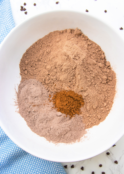 quadruple chocolate lazy cake ingredients in a white mixing bowl