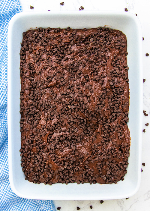 quadruple chocolate lazy cake batter in pan