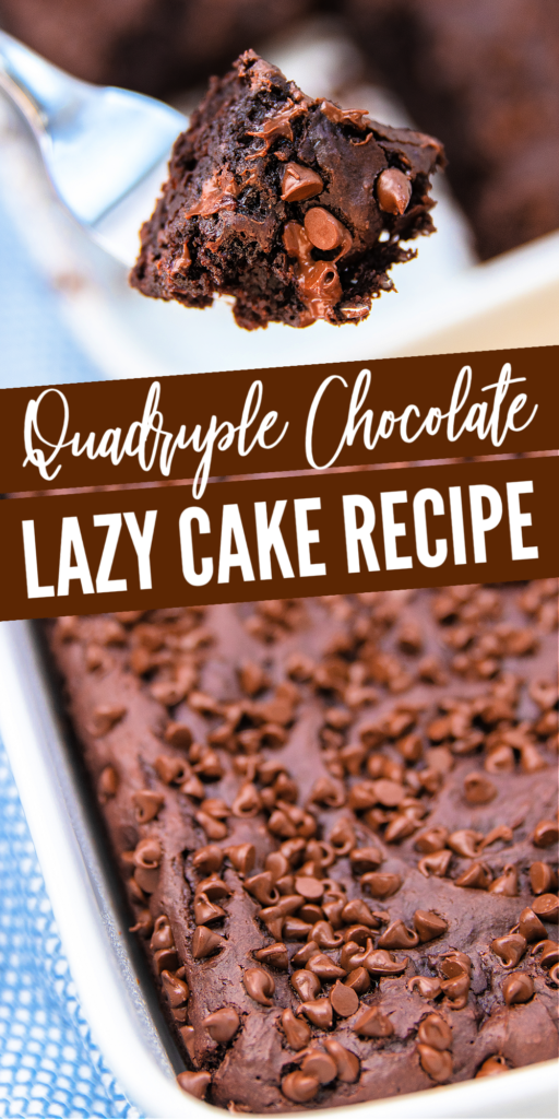 quadruple chocolate lazy cake with chocolate chips on top in a white baking dish