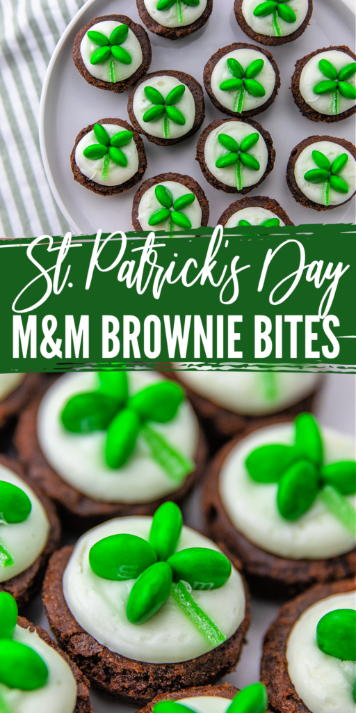 Shamrock M&M Brownie Bites are easy to make and so festive for St. Patrick's Day! Place the candy and you're done decorating! pinterest image for saint patrick's day shamrock brownie bites