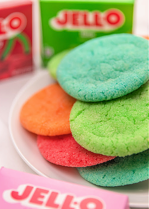 jello cookies stacked on a serving platter