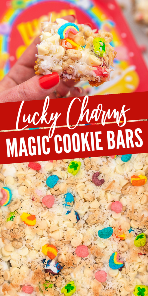 These Lucky Charms Magic Cookie Bars combine cereal with a classic! Perfect for St. Patrick's Day, this dessert is easy to make and looks festive, too! lucky charms magic cookie bars pinterest image