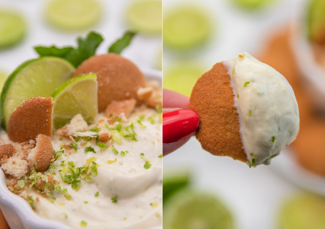 key lime pie dip with mint lime slices and nilla wafers