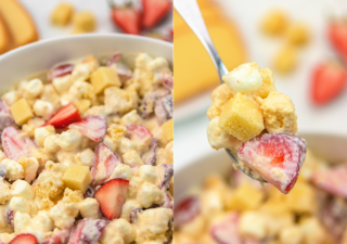 strawberry shortcake fluff salad in a white serving bowl