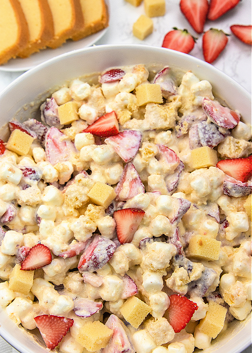 strawberry shortcake fluff in a white serving bowl