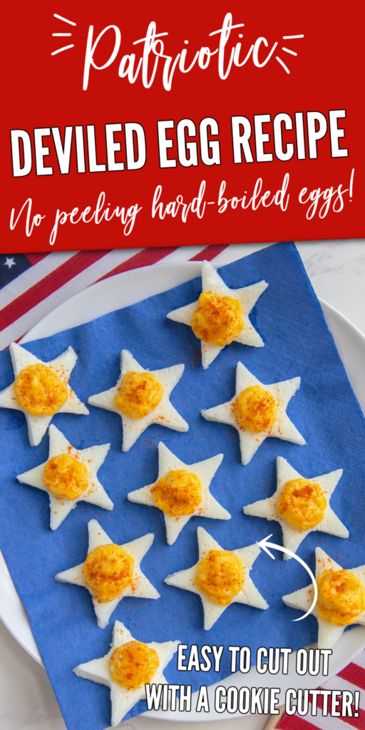 patriotic deviled eggs cut out in a star shape on a blue napkin