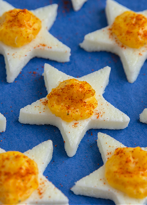 patriotic deviled eggs cut out in a star shape 