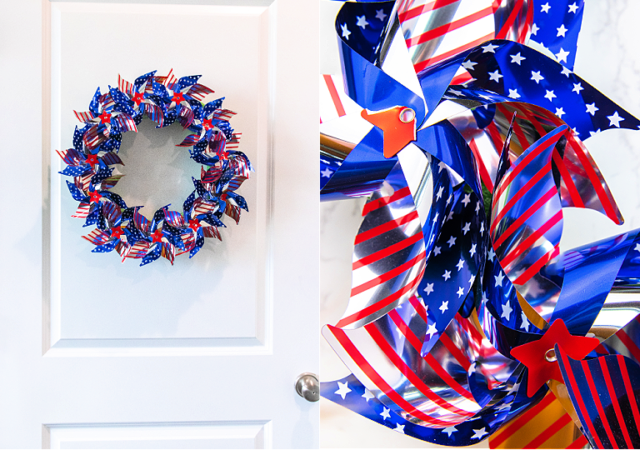 red and blue patriotic pinwheel wreath on a white door