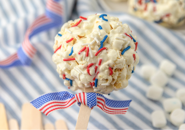 red white and blue patriotic popcorn pop on a stick