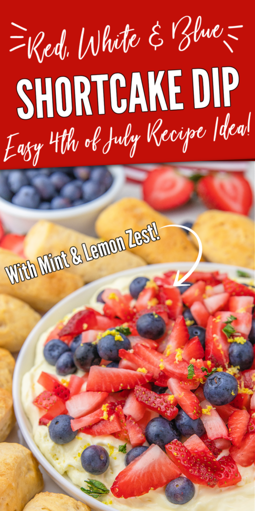 red white and blue strawberry shortcake dip on a white serving platter