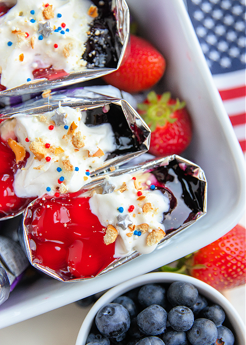 walking patriotic pretzel salad in a white serving tray