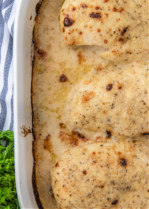 4 ingredient caesar chicken in a baking dish