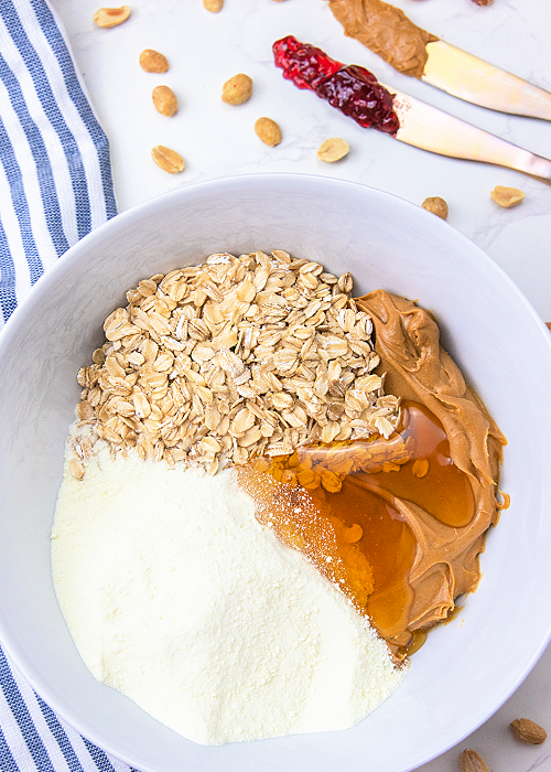 ingredients in a mixing bowl for peanut butter and jelly protein bites