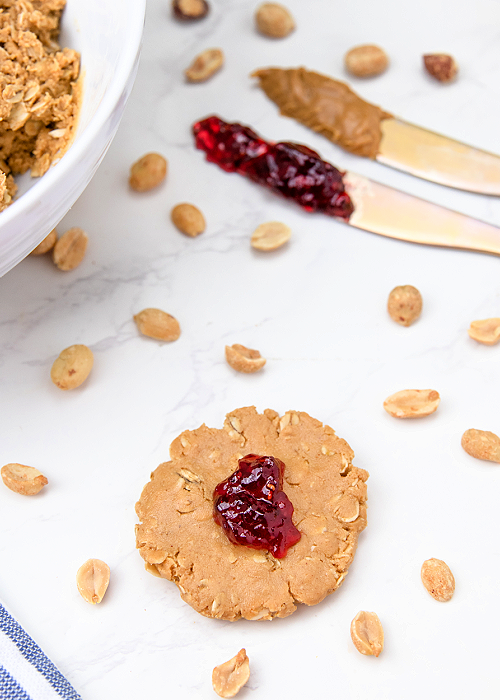 flattened peanut butter ball topped with jelly