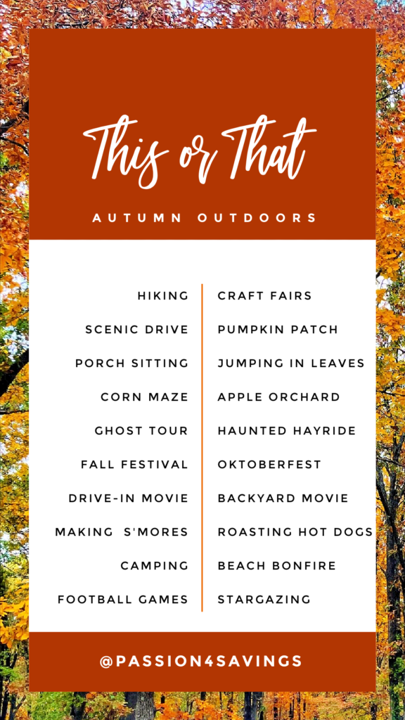 This or That Autumn Outdoors free download for social media. Hiking, haunted hayrides, making s'mores and more!
