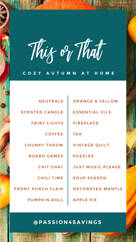 Autumn This or That for Social Media Cozy Autumn at Home with scented candles, chili, soup, fireplace and more.