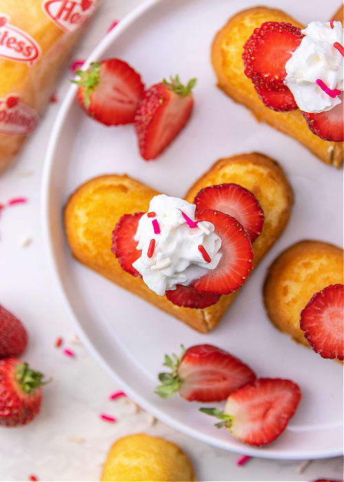 twinkie heart strawberry shortcake on a white serving platter
