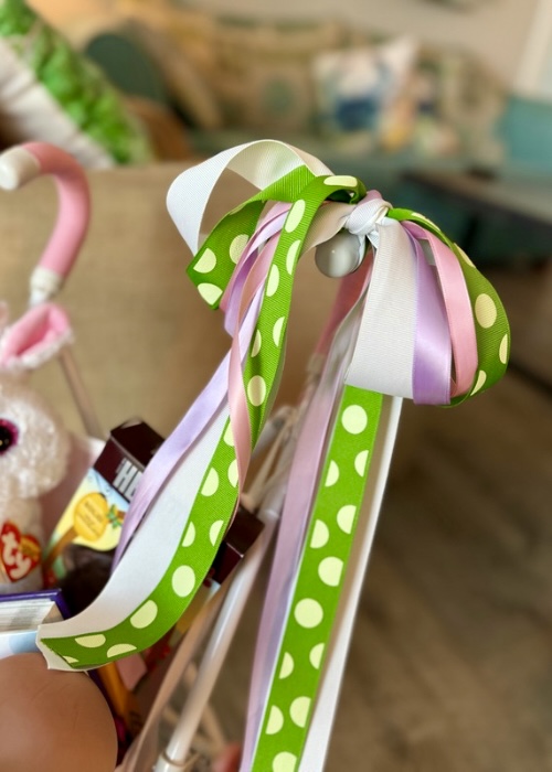 Ribbon bow on doll stroller Easter basket 