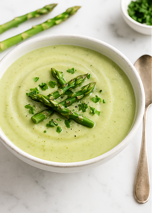 bowl of asparagus and leek soup spring soup recipe