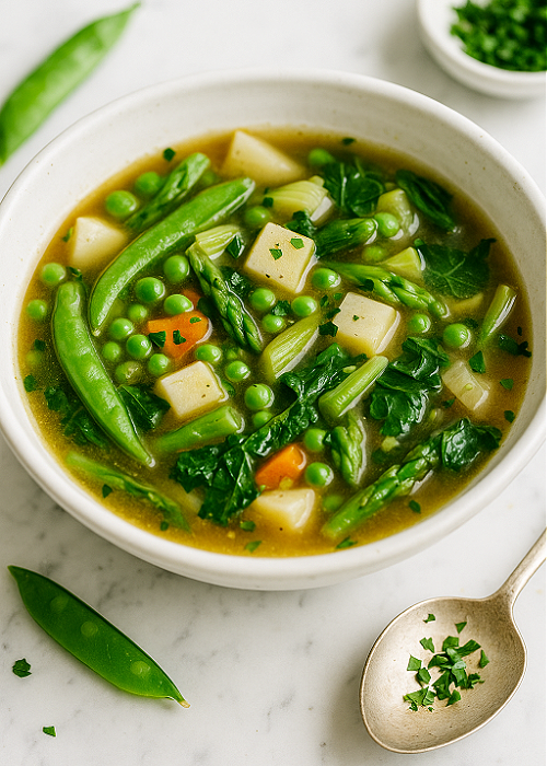 spring miso veggie soup in a bowl