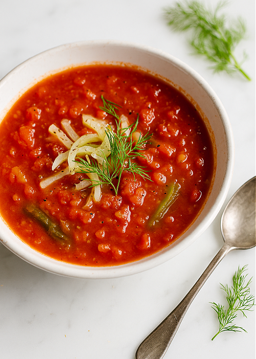 tomato and fennel spring soup recipe in a bowl