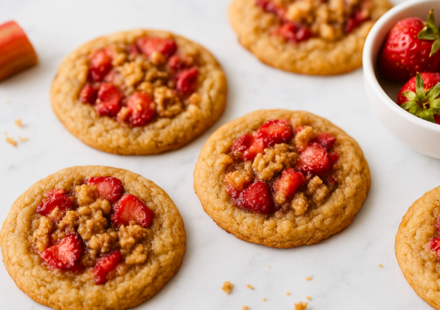 strawberry rhubarb crisp cookies recipe on white marble