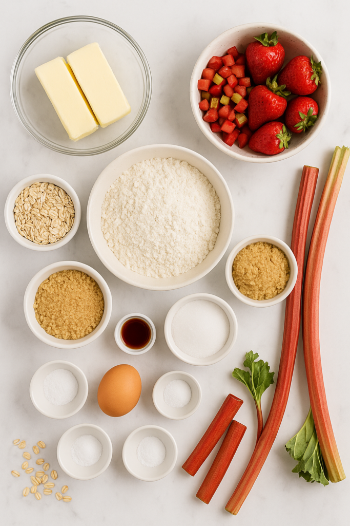 a flatlay of strawberry rhubarb crisp ingredients