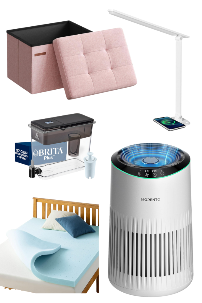 amazon prime day dorm essentials best prime day deals including step stool with storage, brita water, twin xl mattress topper, air purifier, and desk light with charger