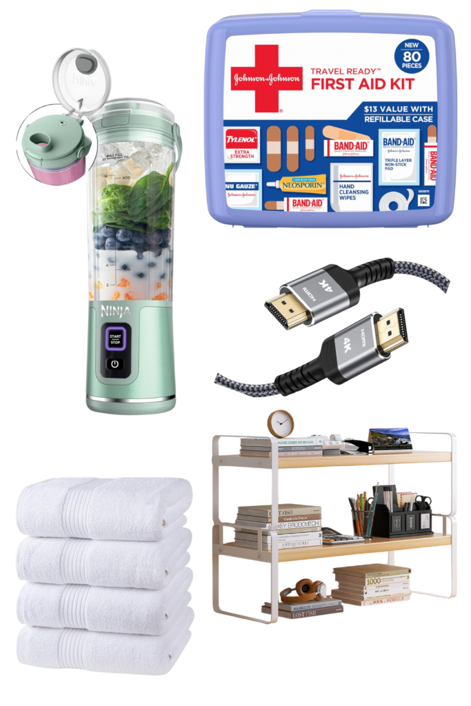 amazon prime dorm essentials updated 2025 including ninja blender, first aid kit, towels, desk shelving, hdmi cable