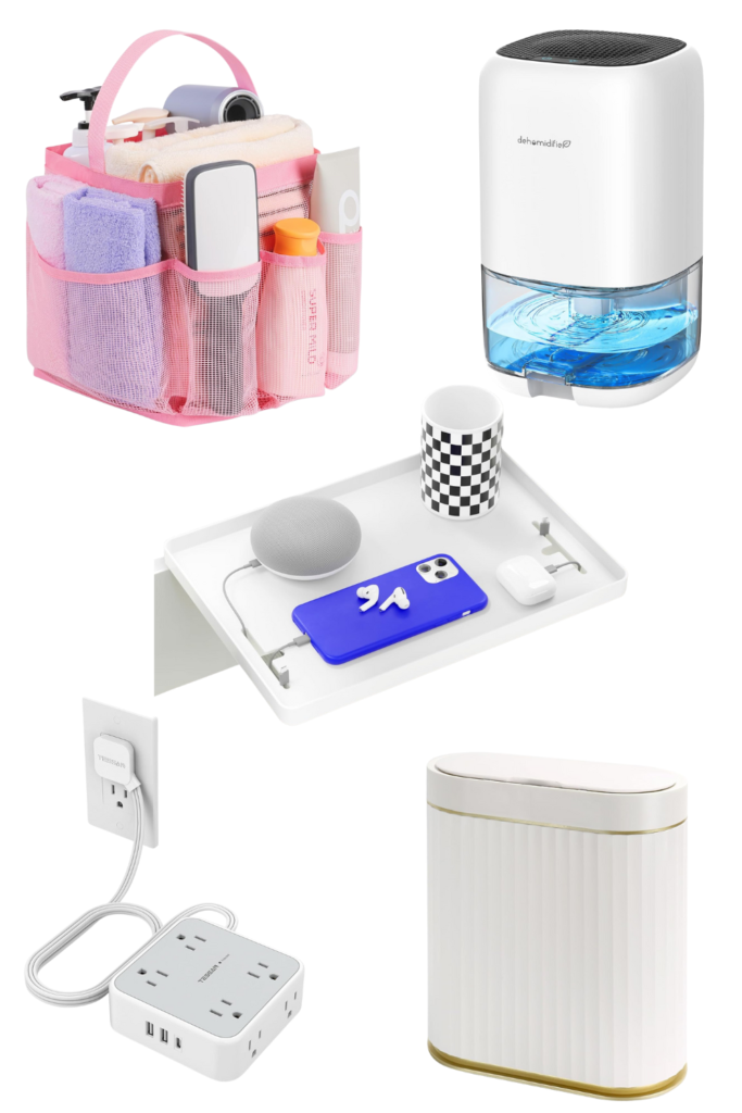 amazon prime day dorm essentials including shower caddy, trash can, bedside shelf shelfie, extension cord