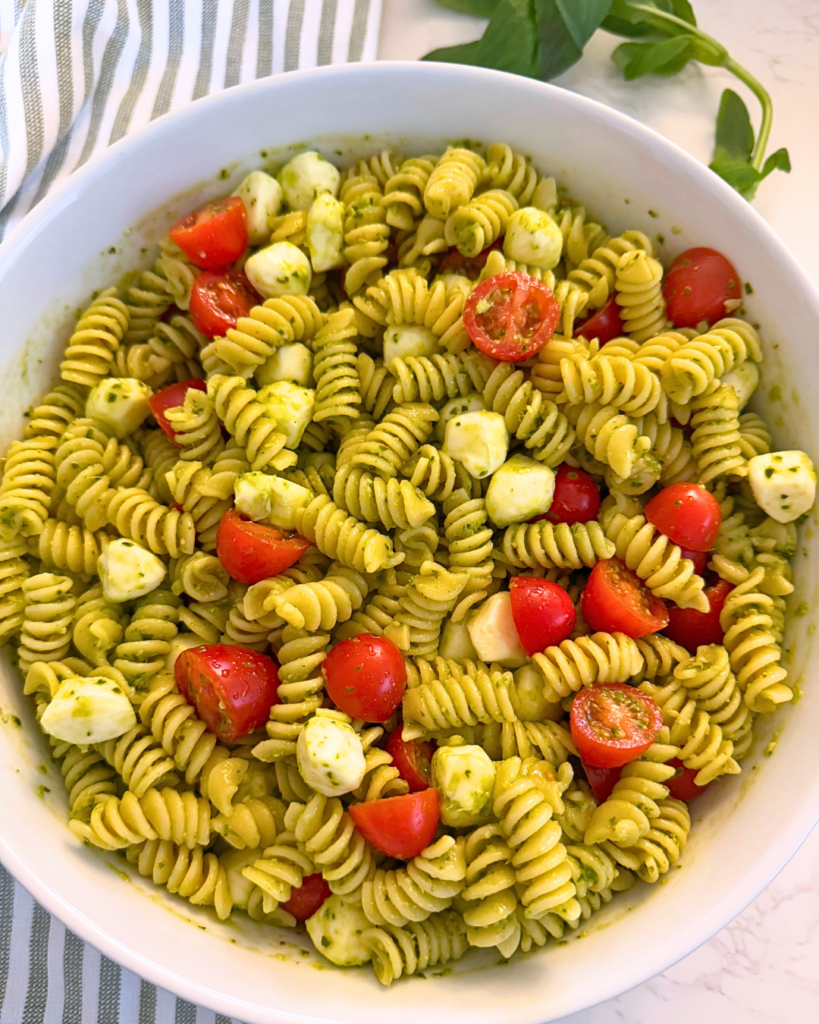 4 ingredient pesto pasta salad in a bowl