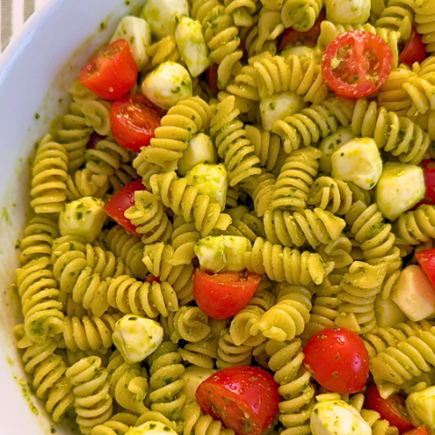 4 ingredient pasta salad in a serving bowl