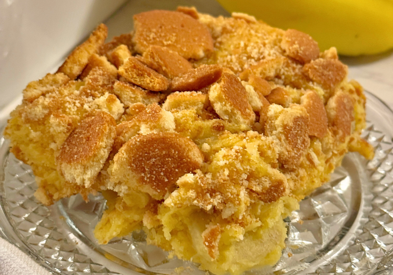 banana pudding brownie served on a crystal plate