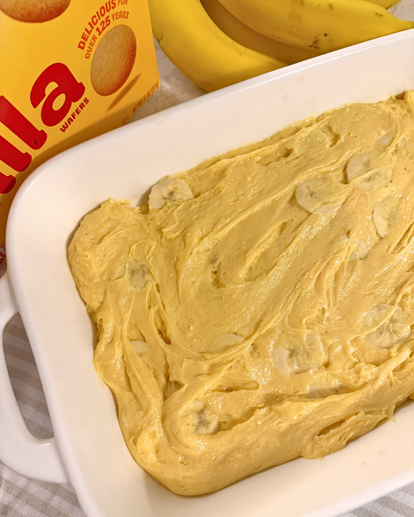 unbaked banana pudding brownies in a baking dish