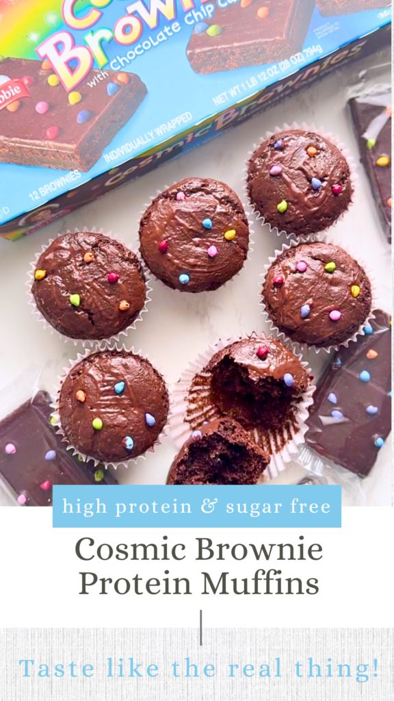 Cosmic Brownie protein muffins made with sugar-free cake mix and Fairlife milk. High protein healthy copycat of Cosmic Brownies.